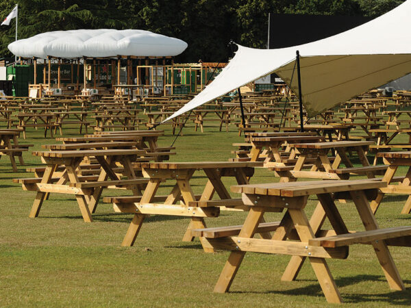 wooden picnic benches