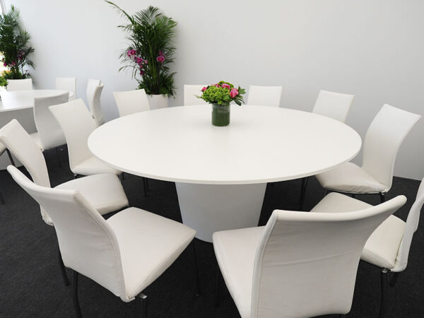 15237 crystal white round table hire