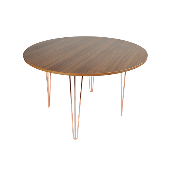 Round Walnut Table With Copper Hairpin Legs